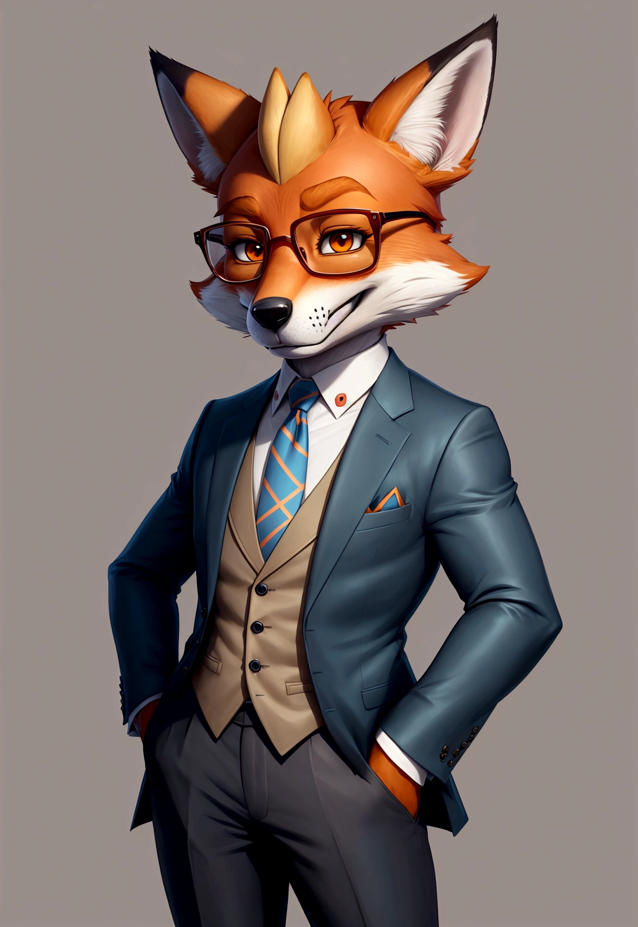 fox dressed in a suit and glasses standing with his hands in his pockets, style of zootopia, movie character, zootopia movie style, zootopia style, looking heckin cool and stylish, in style of zootopia, in style of disney zootopia, rabbt_character, fox stylized furry, anthropomorphic gangster fox, fox