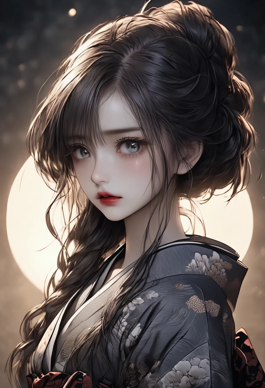 beautiful detailed eyes, beautiful detailed lips, extremely detailed eyes and face, longeyelashes, 1girl, traditional japanese clothing, kimono, night, moonlight, moon, sad expression, melancholic, moody, atmospheric, woodblock print, muted colors, dark tones, cinematic lighting, dramatic lighting, chiaroscuro, (best quality,4k,8k,highres,masterpiece:1.2),ultra-detailed