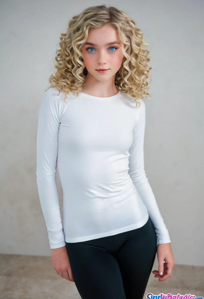 make a 12 year old blonde with blue eyes with curly hair like an angel and supremely beautiful in black leggings and barefoot