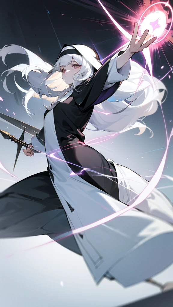 Character (mature) (hair bangs) (white long hair) (white pale skin) (black nun-style clothing) (character in dynamic pose) (perspective angle taken) (casting spell) (ethereal background)