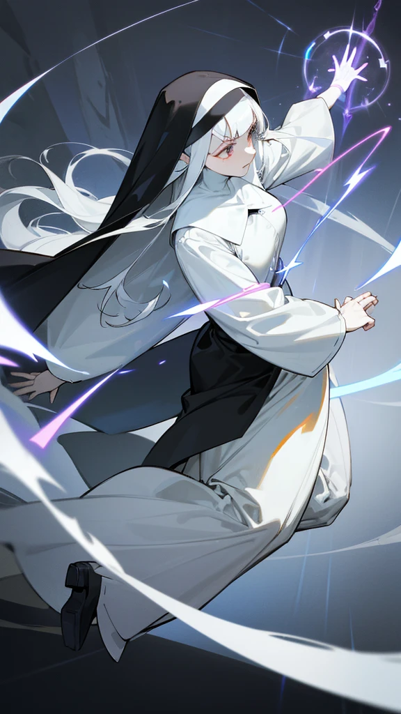 Character (mature) (hair bangs) (white long hair) (white pale skin) (black nun-style clothing) (character in dynamic pose) (perspective angle taken) (casting spell) (ethereal background)