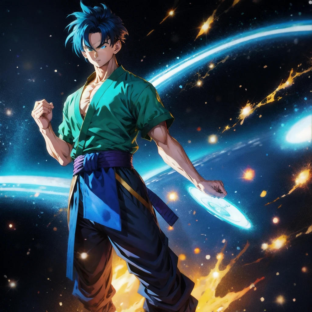 solo ,a man in a blue and green outfit with a blue belt around his waist and a blue and galaxy background,son gohan