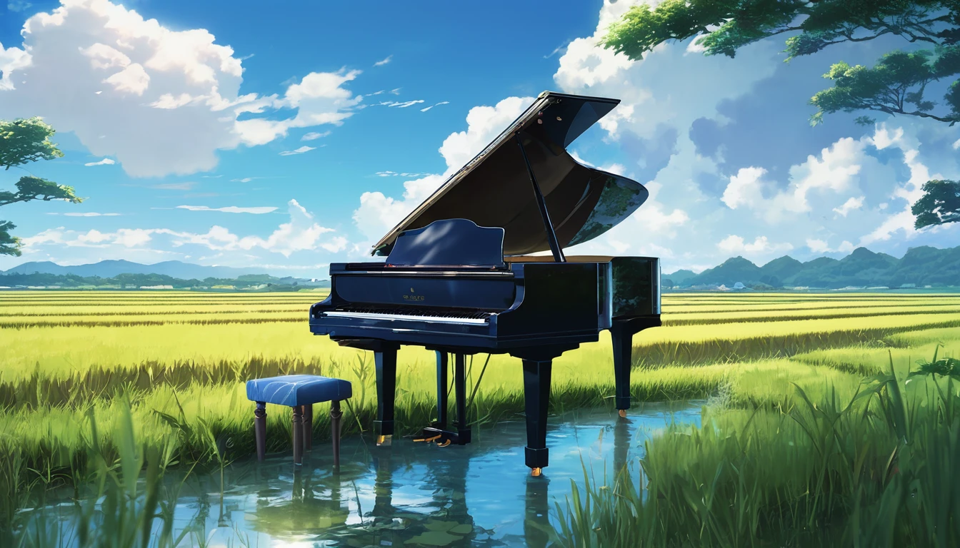 A grand piano placed on a bank in front of a Japanese rice field、The sky is a piercing blue.、Makoto Shinkai style touch、A grand piano placed on the bank in front of the rice fields、The piano is not submerged in water.
