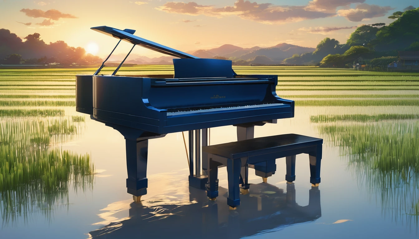 A grand piano placed on a bank in front of a Japanese rice field、The sky is a piercing blue.、Makoto Shinkai style touch、A grand piano placed on the bank in front of the rice fields、The piano is not submerged in water.