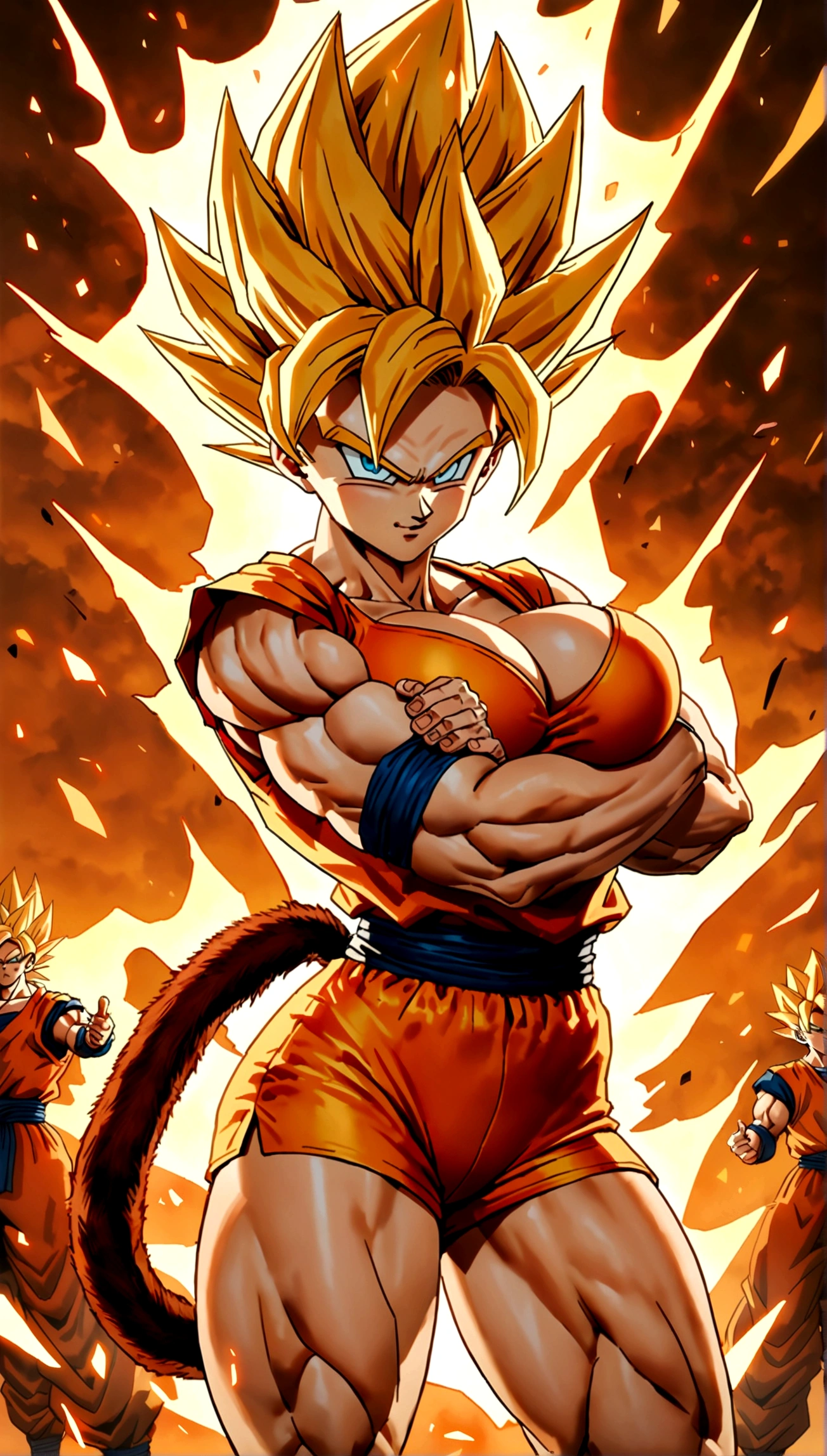 ((Action-filled depiction of Goku in Super Saiyan mode from Dragon Ball)), with bright, (explosive background effects), rendered in the style of Rossdraws and Stanley Artgerm Lau.(((Sexy woman))), sexy bosom, (feminine face), provocative, monkey tail on hips, supple muscles, golden aura, blue eyes, wearing orange street clothes, strong pose