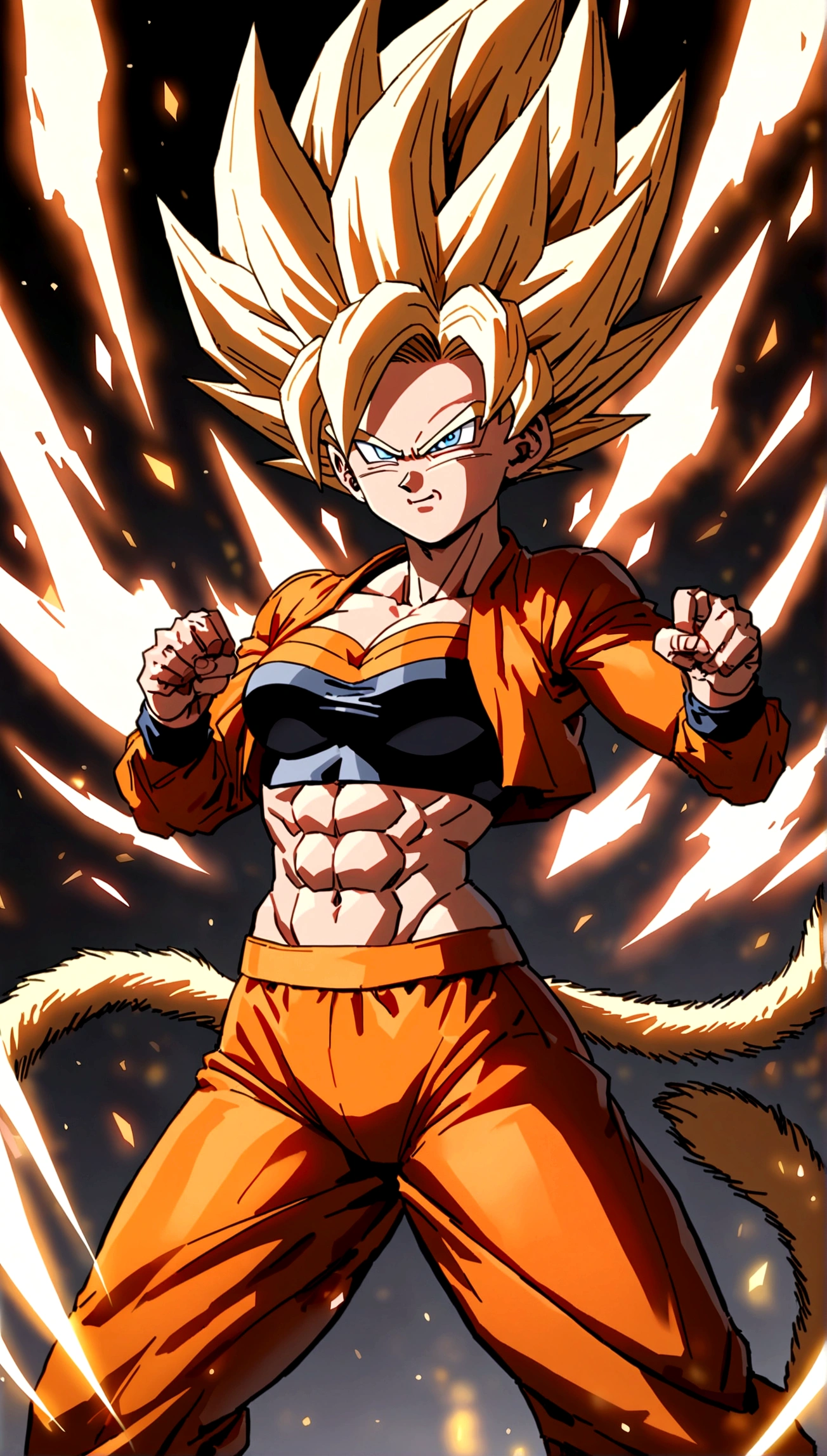 ((Action-filled depiction of Goku in Super Saiyan mode from Dragon Ball)), with bright, (explosive background effects), rendered in the style of Rossdraws and Stanley Artgerm Lau.(((Sexy woman))), sexy bosom, (feminine face), provocative, monkey tail on hips, supple muscles, golden aura, blue eyes, wearing orange street clothes, strong pose