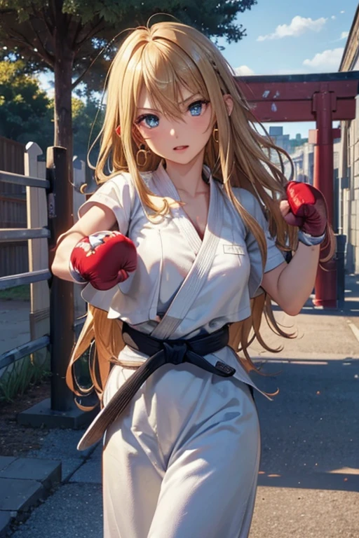 #Basics A girl is posing for a photo, animeのかわいい女の子, (((One Girl, Baby Face, 16 years old))), 
BREAK 

#Clothing Accessories 
((Judo:1.5)),  
(Silver earrings), 
BREAK 

#Features 
(Blonde:1.4, Chest-length sideburns:1.4 + Curly hair:1.4, Long Hair : Hair blowing in the wind + Very long hair + Curly hairで横に広がるボリュームのある髪 + Outwardly curled hair), 
(Droopy eyes,blue eyes), (Small breasts), 
BREAK 

#expression 
(Glaring, Screaming, Angry), 
#background environment 
((noon, Sunshine + shrine + Rural landscape)), 
#composition 
(Face the viewer:1.4, (powerful punch:1.5), Cowboy Shot:1.4), 
BREAK 

#Body parts elements 
(Beautiful Hair,Shiny Hair), 
(double eyelid, Long eyelashes), 
(Expression of fine eyes, Beautiful and delicate eyes, Sparkling eyes, Eye Reflexes), 
(Human Ear), 
(Beautiful Nose, Thin Nose), 
(Glossy lips, Beautiful Lips, Thick lips), (Symmetrical facial features), 
(Detailed skin, Textured skin, Beautiful Skin), 
BREAK 

#Quality 
(((Highest quality)), ((masterpiece)), ((Very detailed))), ((High resolution), (16k,1080p)), 
(Realistic), (Anatomically correct), 
((comics, anime)), (3DCG), CG illustration,
