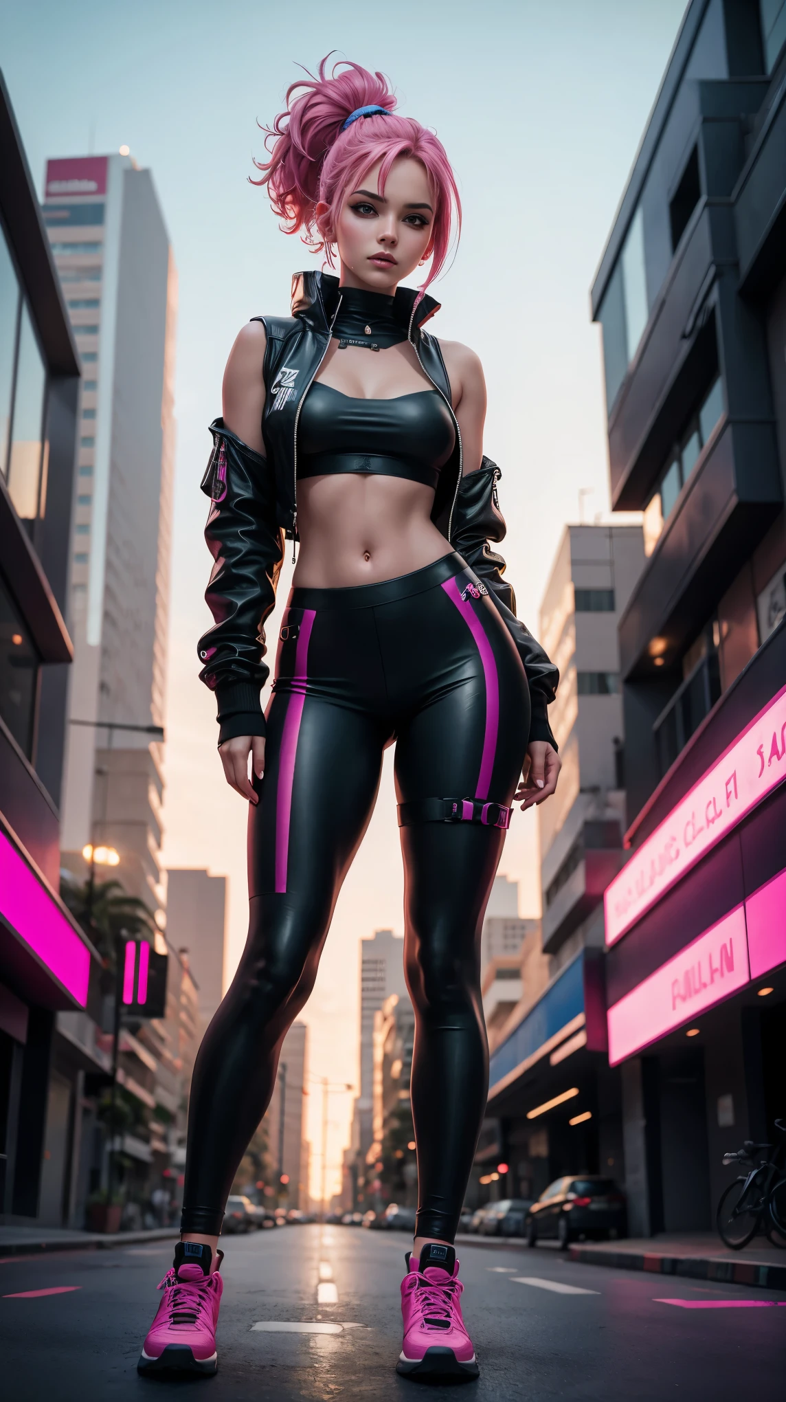 Mulher sensual cyberpunk neon pink hair, corpo todo, olhando para camera, vista de lado, full body, background cidade de Sao Paulo