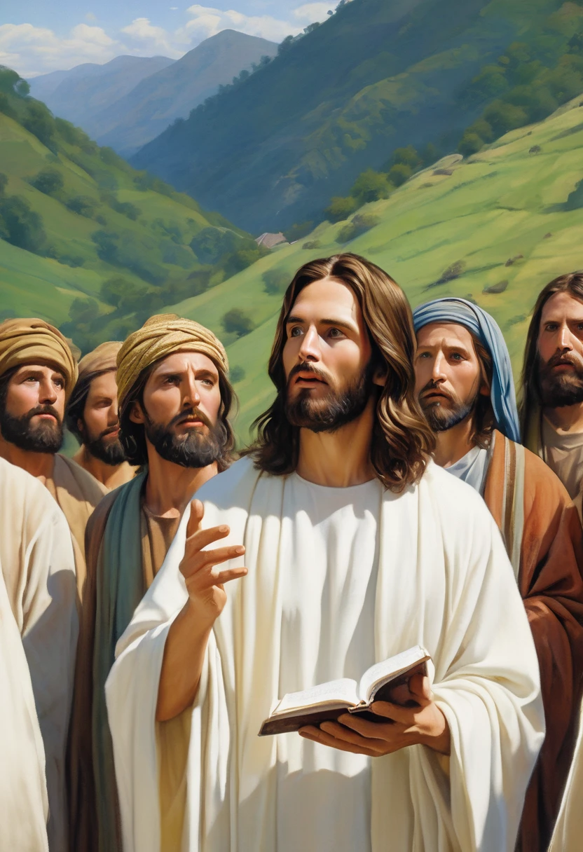 a detailed painting of Jesus Christ preaching the Sermon on the Mount, incredibly realistic and photorealistic, masterpiece, beautiful detailed eyes, beautiful detailed lips, extremely detailed face and skin, long eyelashes, flowing robes, serene expression, crowd of disciples listening intently, lush green mountainous landscape, sunlight filtering through clouds, warm color palette, dramatic lighting, cinematic composition, intricate details, oil painting