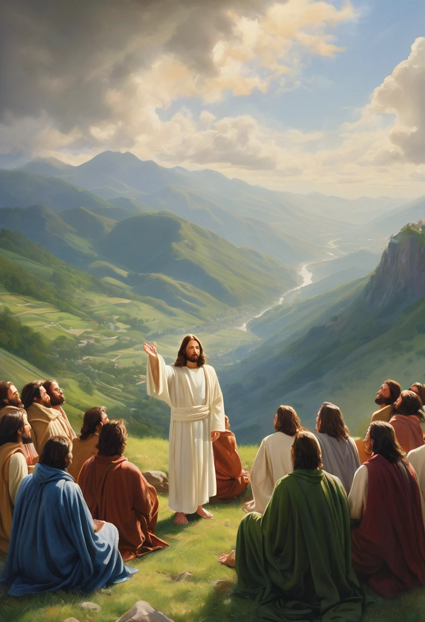 a detailed painting of Jesus Christ preaching the Sermon on the Mount, incredibly realistic and photorealistic, masterpiece, beautiful detailed eyes, beautiful detailed lips, extremely detailed face and skin, long eyelashes, flowing robes, serene expression, crowd of disciples listening intently, lush green mountainous landscape, sunlight filtering through clouds, warm color palette, dramatic lighting, cinematic composition, intricate details, oil painting