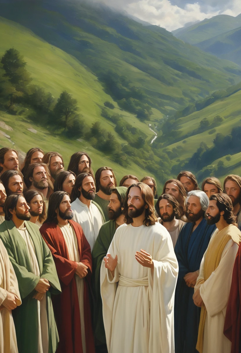 a detailed painting of Jesus Christ preaching the Sermon on the Mount, incredibly realistic and photorealistic, masterpiece, beautiful detailed eyes, beautiful detailed lips, extremely detailed face and skin, long eyelashes, flowing robes, serene expression, crowd of disciples listening intently, lush green mountainous landscape, sunlight filtering through clouds, warm color palette, dramatic lighting, cinematic composition, intricate details, oil painting