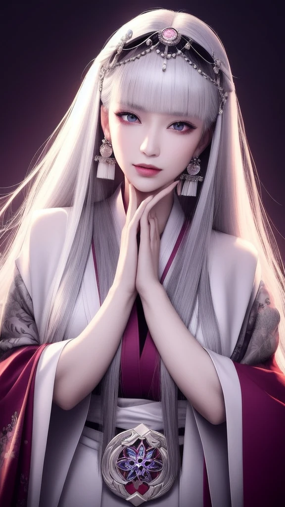 (masterpiece, top quality, 1 female, solo, exquisite details, chromatic aberration), (realistic), (skin), ((breath)), (silver hair, blunt bangs, long straight hair, trimmed bangs), exquisite hair, red japanese headdress, blue highlights, hair over one eye, purple eyes, earrings, piercing eyes, ((pink and white kimono)), ((symmetrical eyes)), ((perfectly symmetrical body)), ((perfectly symmetrical hands)), (pureerosface_v1:0.3), night, (((natural light))), backlit, grey wall, dim lighting, facing towards viewer, ((central shot, from the front, (face and waist))), mysterious atmosphere, fortune teller in kimono, beautiful fortune teller, fortune teller, dark fantasy female fortune teller, female fortune teller, fantasy photography, magician, witch fairy tale, japanese style, elegant cinematic fantasy art, fantasy woman, magician portrait, casting spell, fortune teller, not very sexy kimono, hands not visible