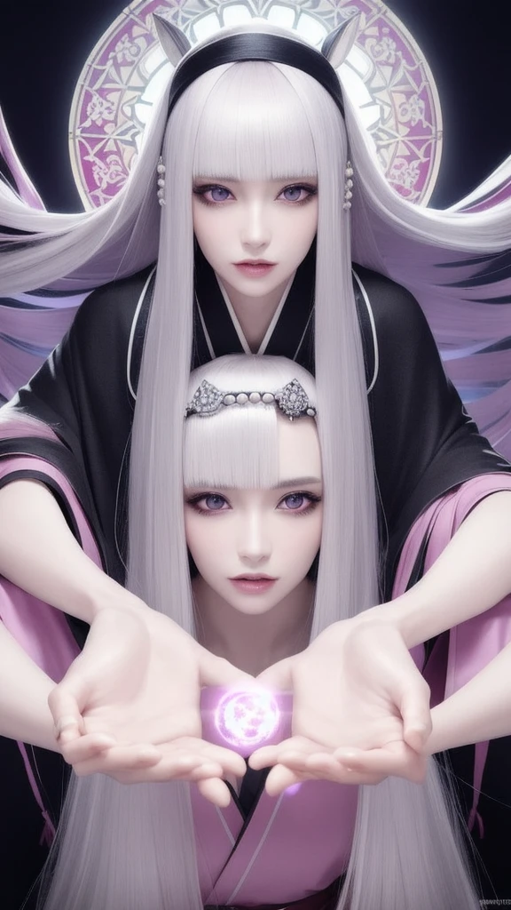 (masterpiece, top quality, 1 female, solo, exquisite details, chromatic aberration), (realistic), (skin), ((breath)), (silver hair, blunt bangs, long straight hair, trimmed bangs), exquisite hair, red japanese headdress, blue highlights, hair over one eye, purple eyes, earrings, piercing eyes, ((pink and white kimono)), ((symmetrical eyes)), ((perfectly symmetrical body)), ((perfectly symmetrical hands)), (pureerosface_v1:0.3), night, (((natural light))), backlit, grey wall, dim lighting, facing towards viewer, ((central shot, from the front, (face and waist))), mysterious atmosphere, fortune teller in kimono, beautiful fortune teller, fortune teller, dark fantasy female fortune teller, female fortune teller, fantasy photography, magician, witch fairy tale, japanese style, elegant cinematic fantasy art, fantasy woman, magician portrait, casting spell, fortune teller, not very sexy kimono, hands not visible