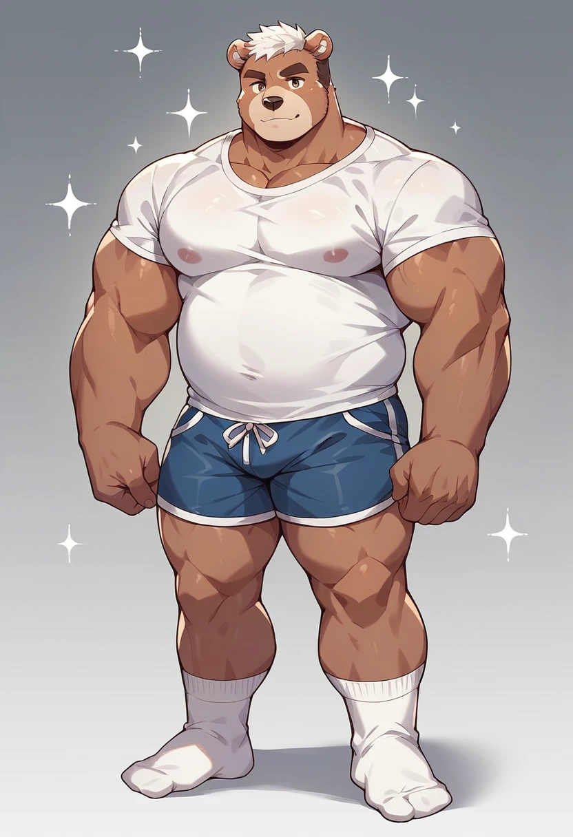 a boy，White bear orcs，White hair，White socks，White socks exposed，Male focus is prominent，artwork，Show your upper body，Fat but strong，Cute boy,muscular(Soft shadows),shorts,, thick thigh