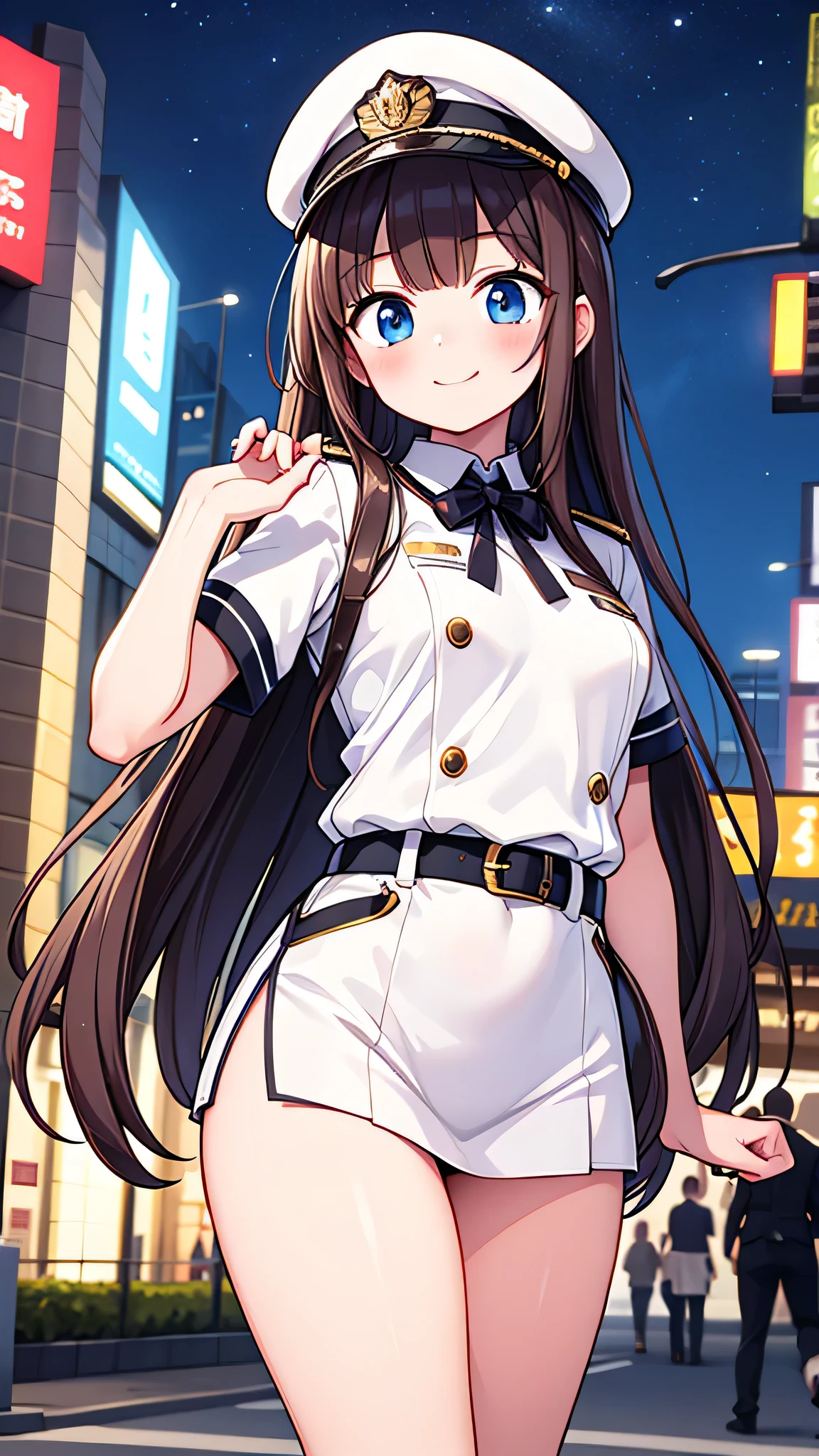 {Highest quality], [Super beautiful], [Ultra fine], [Best illustration], NSFW,Brown Hair, Hime cut, Long Hair, With bangs, girl, Uniform cap,Security uniform, Smiling face,blush, Slender women,Short sleeve, Adult women,Strike a Pose,(Public）Night Park, diagonal,