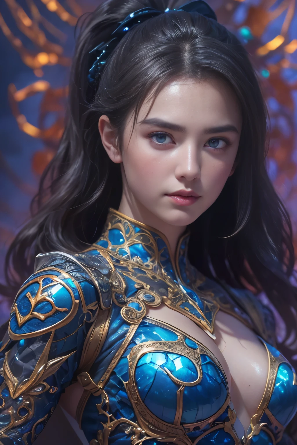 From Side, Photorealistic, Official art, Unity 8k wallpapr, 8K Portrait, Best Quality, Very high resolution, (Incredibly beautiful nature background:1.6), One girl, One beautiful teenage Italian girl, sixteen years old, Obscene, (Sexy and glamorous:1.1), (A coquettish expression:1.6), (small breasts with raised pink areolas:1.1), Vulgarity, (seductively smiling:1.2), (full body1.0), (erotic posing:1.5), (Magic Attack Pose:1.6),(magical effects like sparkles or energy:1.5), (Electric shock from hands:1.1), (Detailed blue bodysuit with beautiful fractal or marble design:1.5), (Beautiful and d delicate ruby, topaz, emerald and sapphire jewelry:1.45), Beautiful seductive face, Portrait, (Thick eyebrows:1.2), (Big purple eyes:1.2), Beautiful eyes with fine symmetry, (ultra detailed eyes:1.1), (High resolution eyes:1.1), Intimate face, (ultra detailed skin texture:1.4), white skin, pale skin, Perfect Anatomy, Thin, (Beautiful toned body:1.1), Hair Bow, (Moist skin:1.1), full of sweat, No makeup, dark circles, Good anatomy, Focus Face, good looking, (Emilia Clark:0.6) (Emma watson:0.3),(Jennifer Connelly:0.4), (sensual face:1.5), Elegant face, Nice, Dolce, Cyberpunk Sci-Fi, (Gauntlets with intricate and beautiful designs:1.2), Blurred background, Blurred foreground, depth of fields, (Motion Blur:1.1), Complex and colorful biomechanical bodysuit, Zentangle, mandalas, Entangled, (Small breasts:1.2), Sheer breast, large hips, drivel, grabbing on breasts