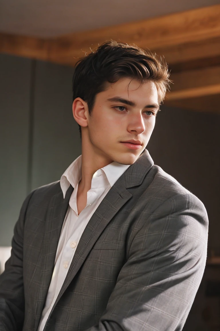 Handsome man portrait, Shoot with Leica, shadow play, Gorgeous lighting, Subtle pastel tones, indoor ,Solitary，Wearing a gray plaid shirt，Dark grey suit