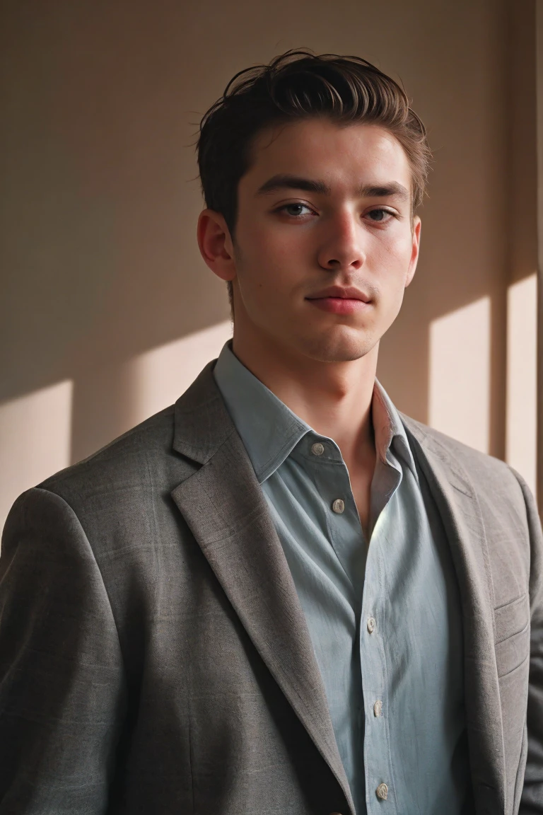 Handsome man portrait, Shoot with Leica, shadow play, Gorgeous lighting, Subtle pastel tones, indoor ,Solitary，Wearing a gray plaid shirt，Dark grey suit