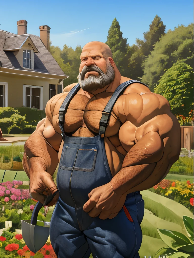 huge muscular Gardener, old man, wearing dungarees, no shirt, hairy chest, grey hair, bald head, beard, digging with spade  in vegetable garden, sweating under the sun, water feature in background, county estate house in background