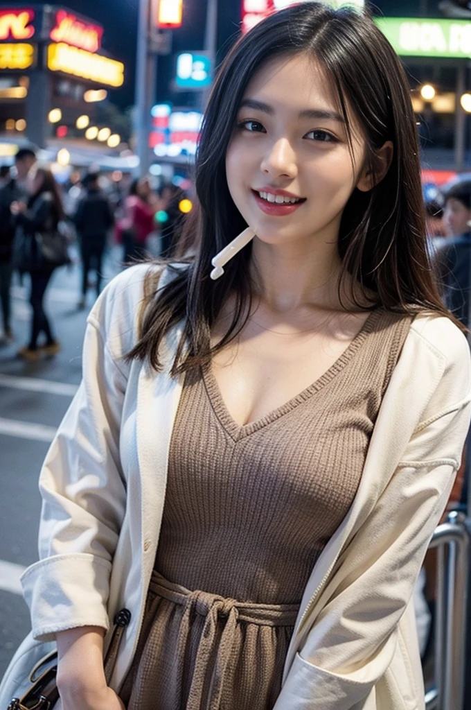 1 Japanese beautiful girl,28yo girl, Super beautiful detailed face, (smile:1.4), earrings, (brown semi-long flipped hair style:1.4, bangs),(front view), (medium shot), (chubby body), (neutral-colored large areola),(completely nude:1.3),hairy pussy,puffy nipples, Naked, BREAK, masterpiece, best quality, ultra quality, high quality, realistic, photo realistic, RAW photo, hyper detailed, intricate detaile,(crowded street:1.3),cinematic lighting,(picture above the knee),