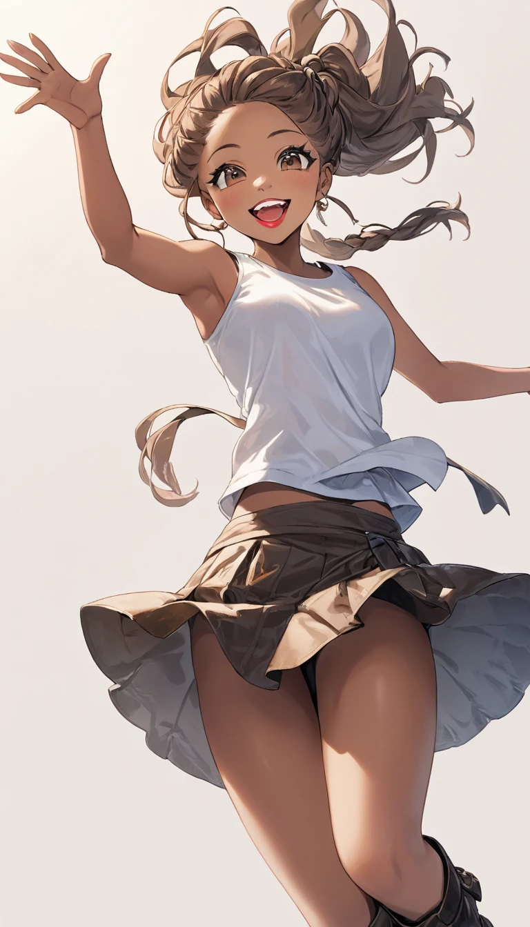 High-resolution image, masterpiece, full-body image, female singer with impressive white teeth and a smile, narrow eyes with double eyelids, tied hair, thick lips, healthy brown skin texture, wearing a tank top, short flared skirt, and boots, pose with right hand outstretched, angled from below, no background