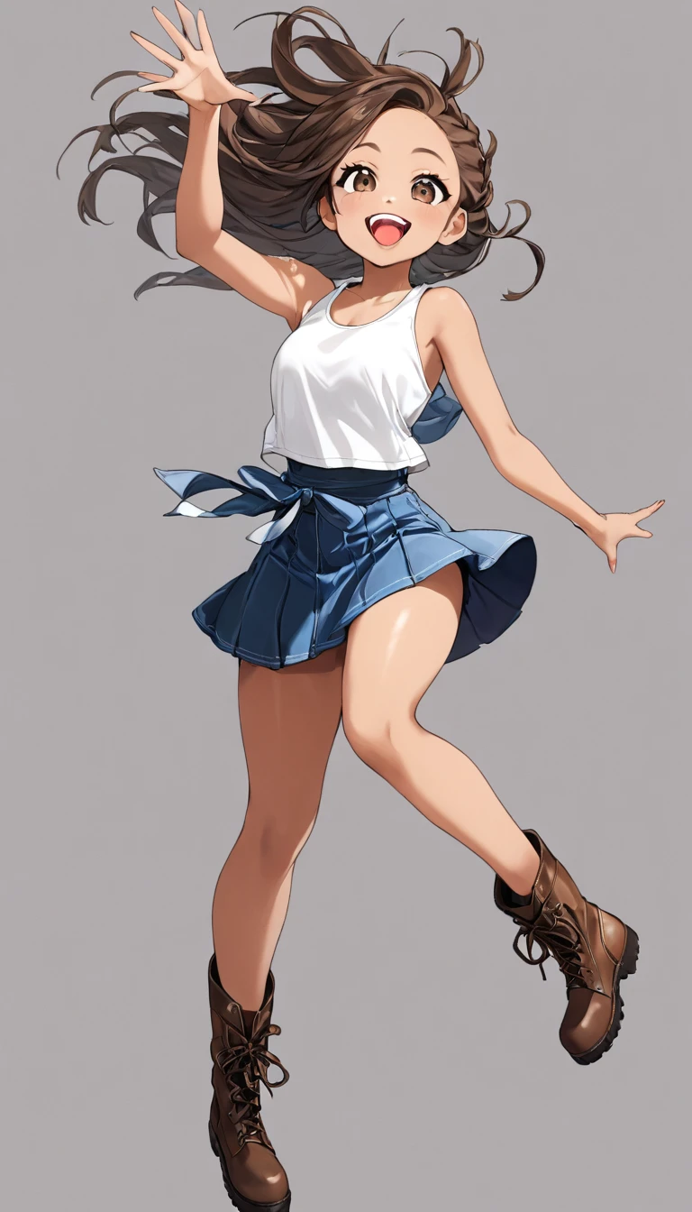 High-resolution image, masterpiece, full-body image, female singer with impressive white teeth and a smile, narrow eyes with double eyelids, tied hair, thick lips, healthy brown skin texture, wearing a tank top, short flared skirt, and boots, pose with right hand outstretched, angled from below, no background