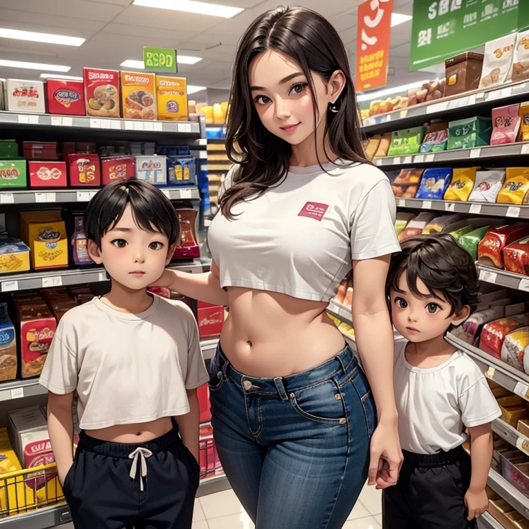 40 years-olds Womens in crop top shirt, (with her ) , supermarket , showing navel, show belly, in supermarket, expose a lot of abdomen area around belly button, realistic bellybutton shape, very low waist pants , beautiful belly, 