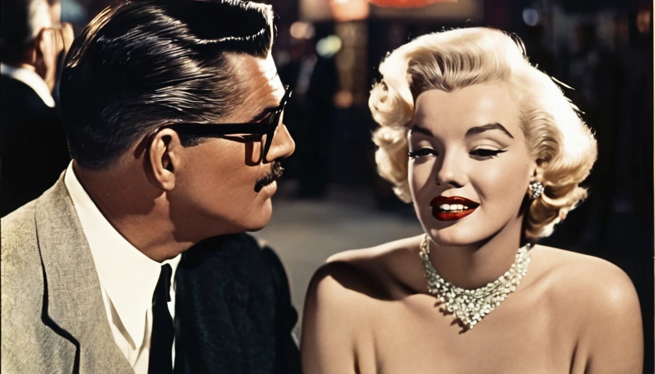 a vintage film still of Marilyn Monroe with makeup looking at Clark Gable with glasses and clean shaving outside a hollywood matinee at night, film poster