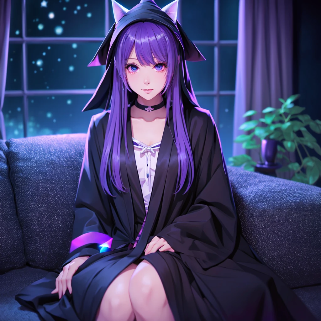 anime girl long purple hair wearing a black Robe. she has pointy ears. Witch Hat. Manga kawaii. iridescent ,An illustration, Sit on the sofa, (no background)
