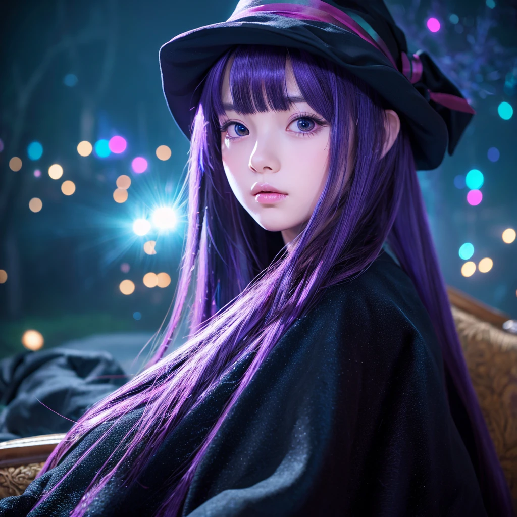 anime girl long purple hair wearing a black Robe. she has pointy ears. Witch Hat. Manga kawaii. iridescent ,An illustration, Sit on the sofa, (no background)