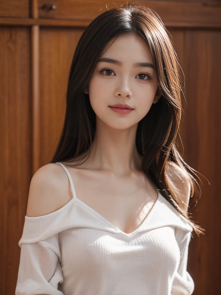 ((Extreme details)),(very detailed), วอลล์เปเปอร์ CG unity 8k ที่very detailed,best quality, Masterpiece, emily_shirt 8, open shoulder, Short shirt showing the bottom of her breasts,The bottom of the breast is visible. ,smile