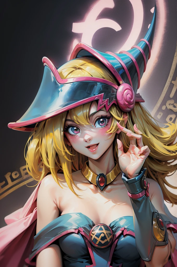 Crea el hermoso rostro de dark magician gils. Ojos azules. Labios rosados. Tes blanca. Cabello rubio. girl smile. Hombros destapados. Collar en el cuello. Rostro de gils mago oscuro. His hands make the sign of peace and love. Paz y amor en sus manos.