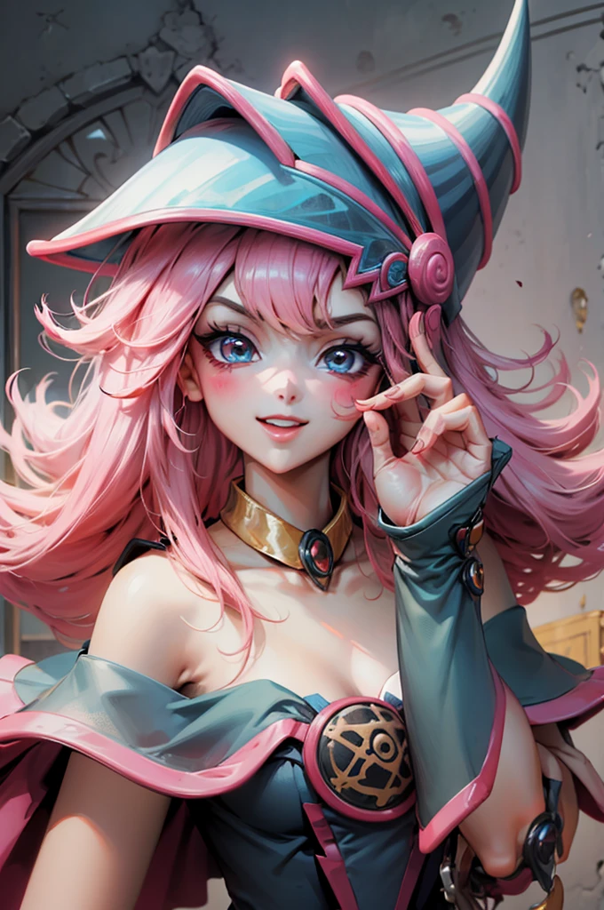 Crea el hermoso rostro de dark magician gils. Ojos azules. Labios rosados. Tes blanca. Cabello rubio. girl smile. Hombros destapados. Collar en el cuello. Rostro de gils mago oscuro. His hands make the sign of peace and love. Paz y amor en sus manos.