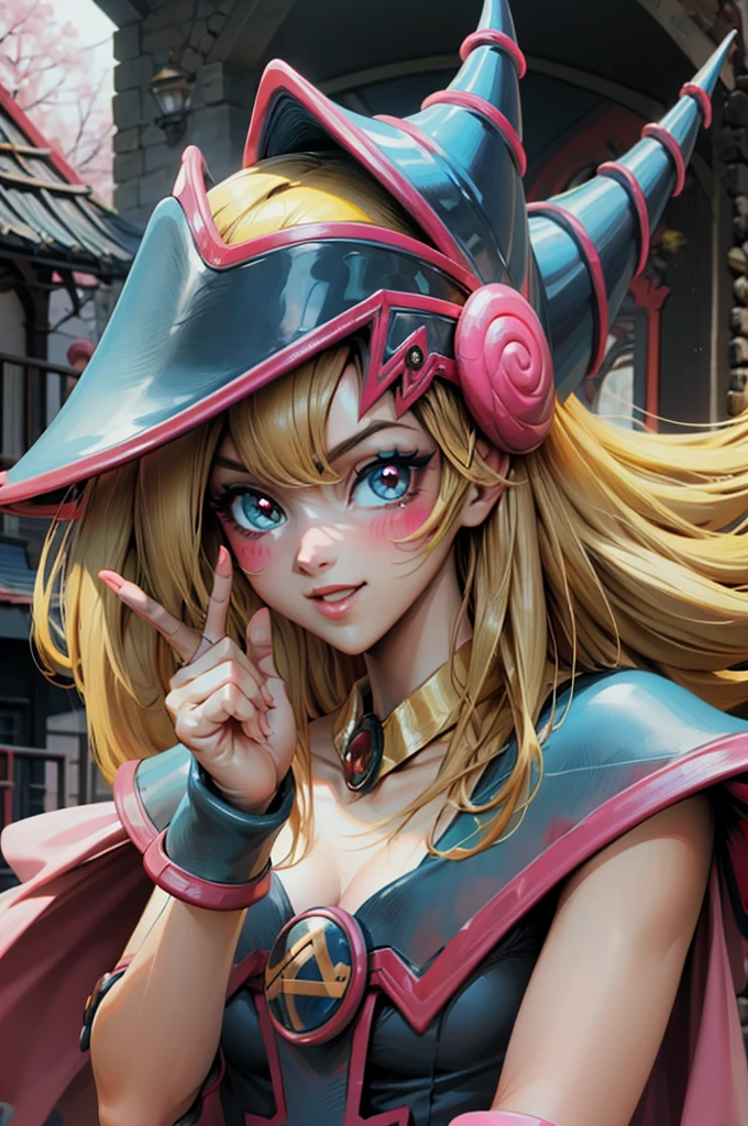Crea el hermoso rostro de dark magician gils. Ojos azules. Labios rosados. Tes blanca. Cabello rubio. girl smile. Hombros destapados. Collar en el cuello. Rostro de gils mago oscuro. His hands make the sign of peace and love. Paz y amor en sus manos.