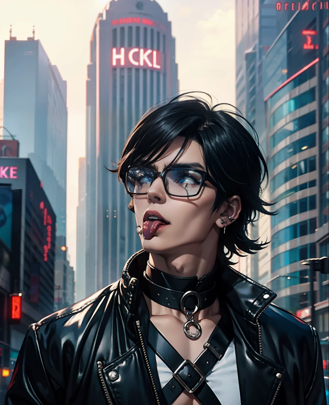 Change background cyberpunk handsome boy, realistic face, 8k, ultra realistic! , choker, glasses, tongue out, sexy, choker, piercing , glasses , anime