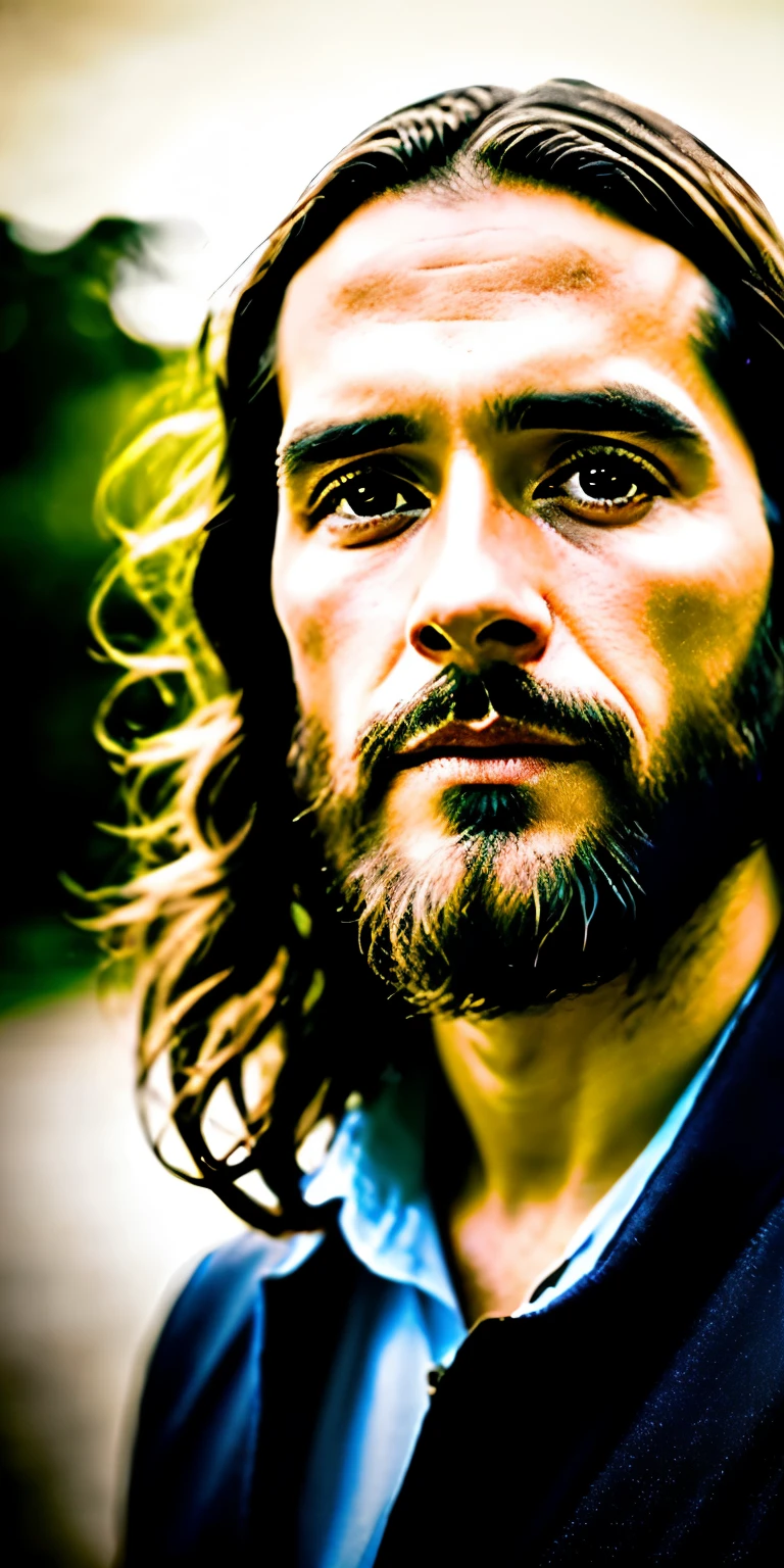 retrato do Jesus moderno, cinematic lighting, profundidade de campo, bokeh, Realismo, fotorrealista, hyperRealismo, Fotografia profissional, Ultra HD, dslr, hdr
