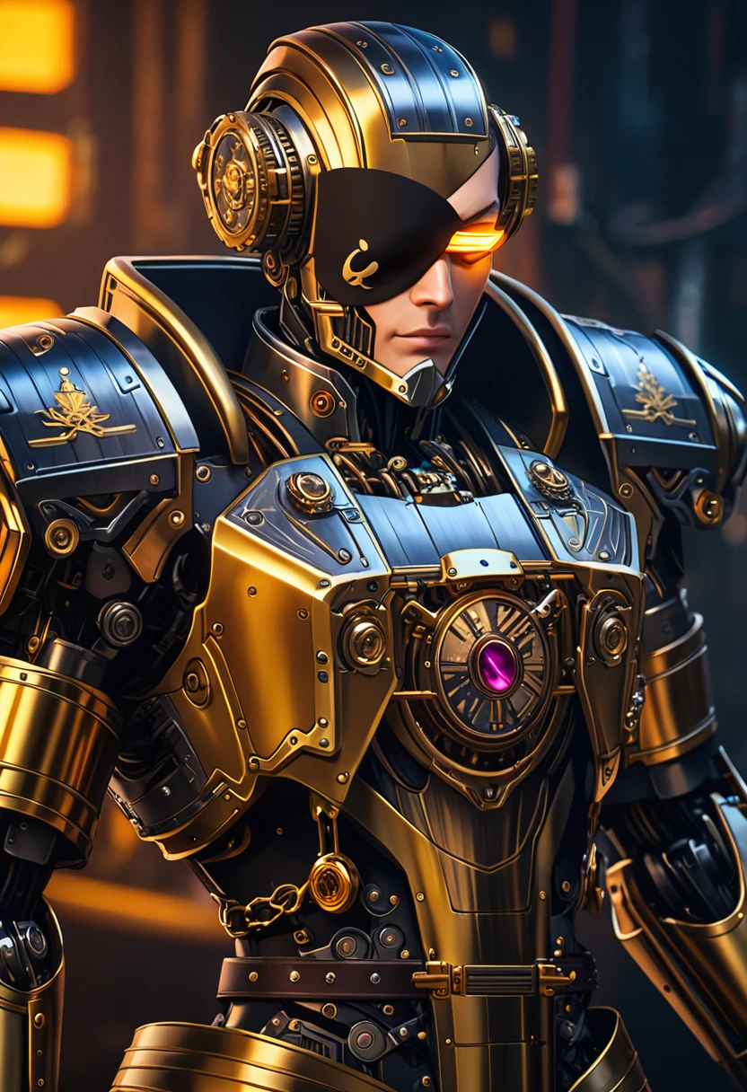 a cyberpunk pirate robot with glowing golden eyes, (Single eye patch:1.3), highly detailed mechanical body, intricate metal armor, leather outfit, steampunk accessories, dramatic lighting, moody dark background, hyper detailed, 8k, photorealistic, cinematic, dramatic lighting, dynamic pose