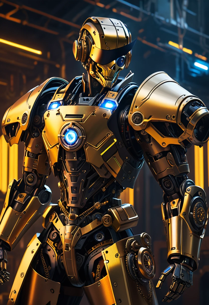 a cyberpunk pirate robot with glowing golden eyes, (Single eye patch:1.3), highly detailed mechanical body, intricate metal armor, leather outfit, steampunk accessories, dramatic lighting, moody dark background, hyper detailed, 8k, photorealistic, cinematic, dramatic lighting, dynamic pose