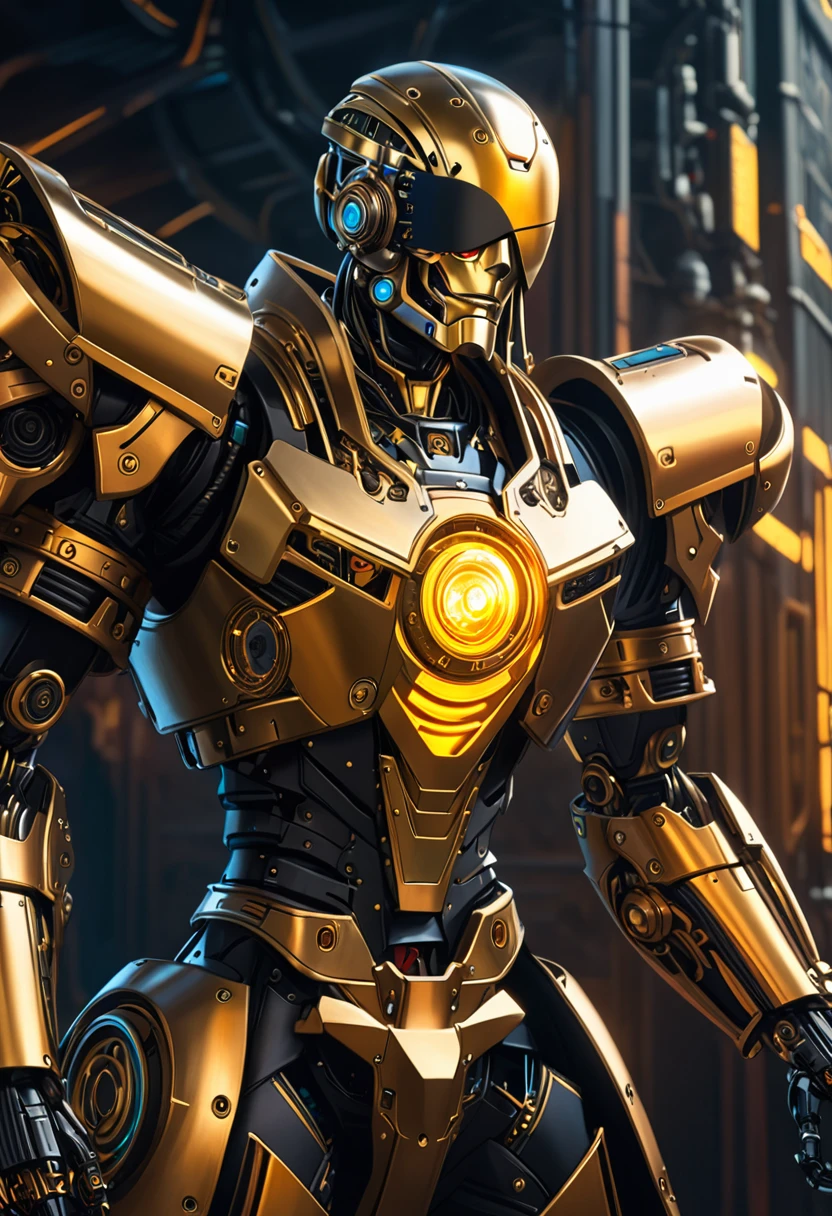 a cyberpunk pirate robot with glowing golden eyes, (Single eye patch:1.3), highly detailed mechanical body, intricate metal armor, leather outfit, steampunk accessories, dramatic lighting, moody dark background, hyper detailed, 8k, photorealistic, cinematic, dramatic lighting, dynamic pose