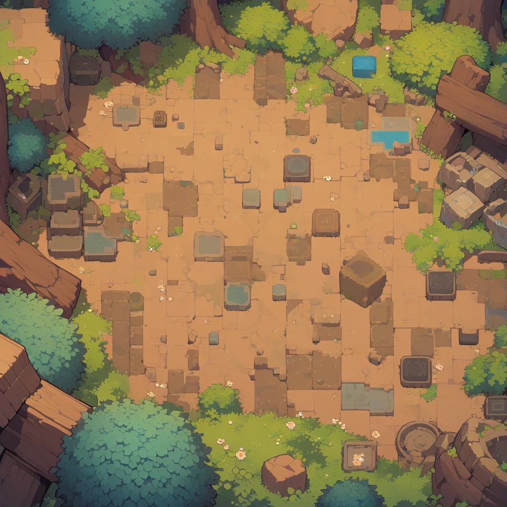 retro video game style,pixelated graphics,vibrant colors,8-bit characters,blocky shapes,sharp lines,detailed shading,classic gaming vibe,nostalgic atmosphere,classic arcade games,masterpiece:1.2,ultra-detailed,illustration style, 2d texture, clay texture, stone texture, 4 k seamless mud texture, video game texture, dirt texture, tileset, game tiles, clay material, flat texture, grass, trees, rock texture, rocky ground, forest, topdown view, game texture, game art, ground very detailed, dirt, floor texture, tileable texture, flowers, bushes, shrubs, intricate ground stone, top down view, 3/4th perspective