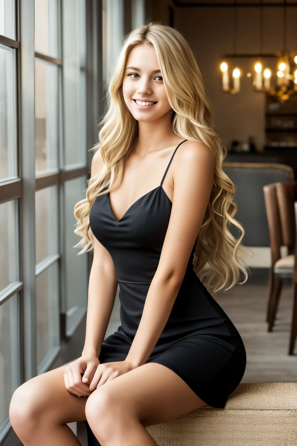 1girl in, 19, Solo, Long wavy hair, Colossal , long messy windy blonde hair, looking at camera, sitting cross-legged, cute smile, blondehair, jewely, Full body, (extremely detailed 8k wallpaper), soft lighting, high quality, film grain, Fujifilm XT3 sharp focus, f 5.6, 50mm, High Detail, Sharp focus,(natural light), (seductive), spaghetti strap, black cocktail dress, revealing, Realistic, A sexy