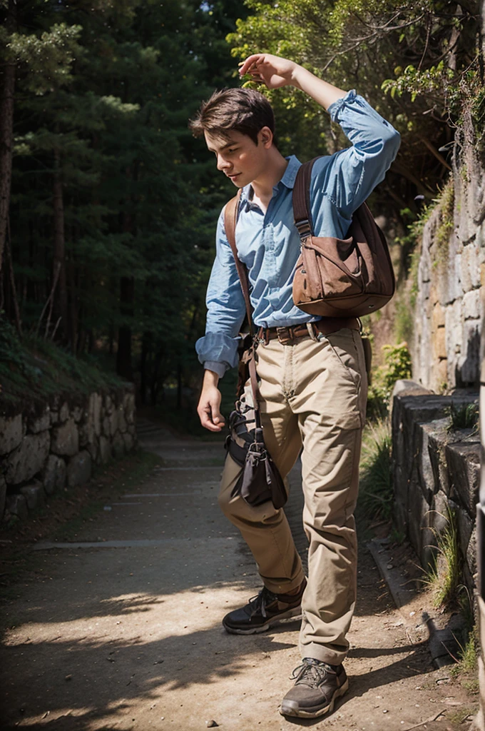 adventure in the magical world, 20 year old man wearing a mountaineering bag