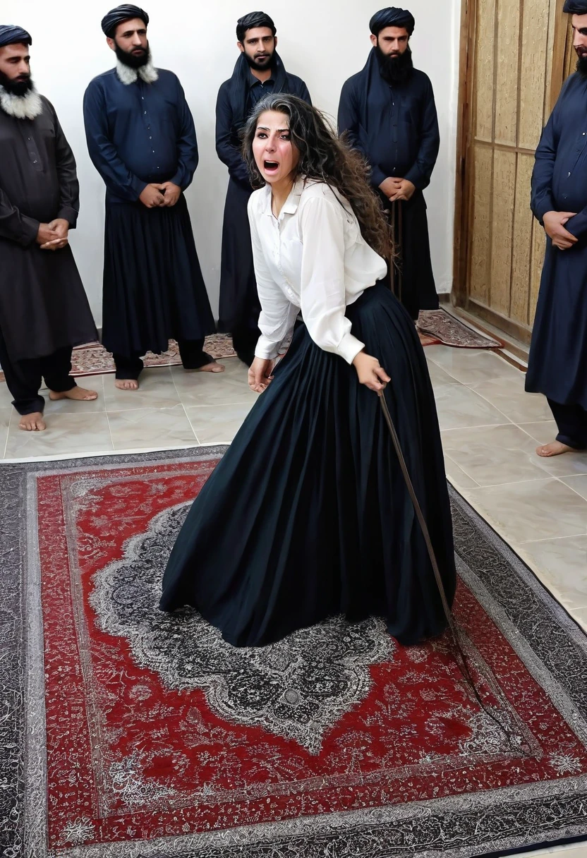 ((slaps)), ((they pull her hair)), ((pissing)), ((Islamic)), ((slap on the ass)), ((lying on the carpet)) Forty-year-old Afghan woman, she and the others have been whipped 100 times after she was caught at a party with men and more women, She has long curly hair, weeping disconsolately, her father punishes her by locking her in the barn, she wears a large long skirt and a half-banked blouse, as she is in pain from the whipping. Whip marks all over her body.