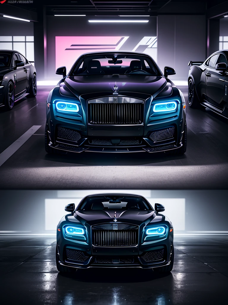 medium shot of black autonomous next generation rolls Royce with vossen wheels and ultra wide body kit, design inspired by Tokyo Drift car detailing, glowing purple car headlights and underlight, driving through the night streets of Hongkong, automotive photography --ar 16:9 --v 6.0