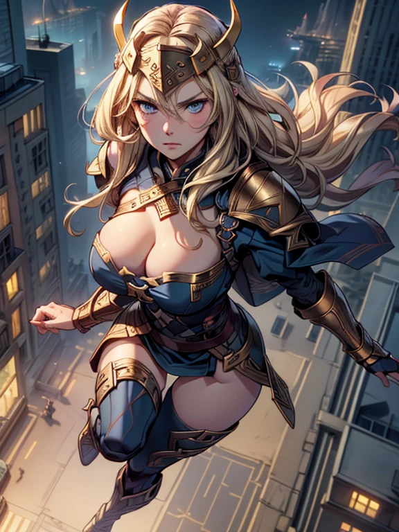 (best quality,4k,highres,volumetric lighting:1.2) a blonde Asgardian heroine flying over a city, arms out, legs straight, (full body shot, :1.3),flying pov from above. She wears dark blue armor, gold trim, (((Norse helm ))), armored glove, deep v neck. stern expression. blond hair, long hair, blue eyes, (detailed eyes, detailed face), detailed hands, pretty face, round cheeks, soft face.,fierce expression. City street below