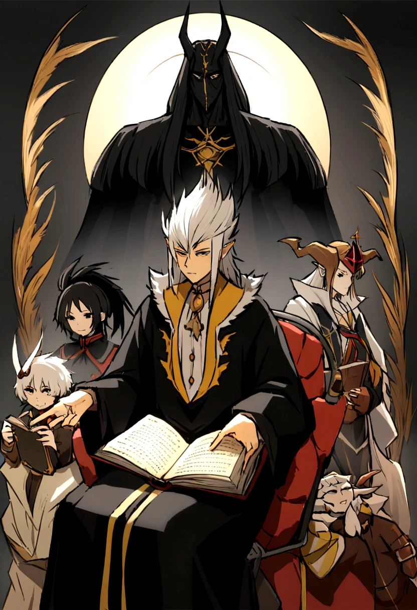 Obra de arte:1.2, melhor qualidade, ultra detalhado, macho, focado, celestial demon wizard, Jovem, serious, frio, horns on her head and a shining golden halo behind her symbolizing her celestial and demonic duality, two large black wings that combine bright plumes with a dark and threatening appearance, cabelo negro, estilo de kentaro miura, fantasia, SCI-FI, fundo claro, a painting of a man in a black robe sitting in a wheelchair, holding an open ancient magical book, Vista-o com vestes escuras e majestosas com detalhes dourados, cabelo negro, cabelos escuros, anjo demoniaco, plumas negras, inspired por Edmundo Blampied, inspired por Nicola Samori, inspirado em Pietro Longhi, por Nicola Samori, por Edmundo Blampied, Direction: Stephen Gammell, Estilo Stephen Gammell, figura sinistra ao fundo, Direction: Leonaert Bramer, Direction: Johann Kaspar Füssli .