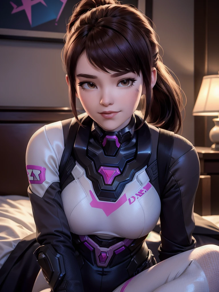 ((DVA from Overwatch)) without her mech, a woman with short brown hair in a (ponytail),she sits with her legs spread, high quality refelctions, volumetric lighting, she is wearing her classic thin stretchy pink white and blue full bodysuit, in her bedroom on her bed, 1 girl solo, cinematic lighting, high resolution, physically-based rendering, 8k, volumetric lighting, hyperrealistic, detailed facial features, masterpiece, full upper body, gaming setup in background, cinematic, you can see the fabric of the shirt and the knits very detailed,((she has very small  breasts)),  flat , the focus is on her whole body and the environment, cinematic screenshot, you can see the (whole room) and her sitting on the bed, the picture has a very soft look at soft textures, cute sleepy smile, her arms are on a game controller, DVA is gaming before sleeping, woman body