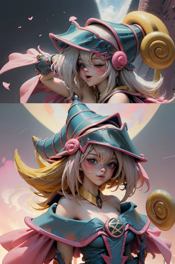 Beautiful face of dark wizard gils., blue eyes. pink lips. long blonde hair. Yellow hair. exposed shoulders, angelic smile, beautiful well detailed face of dark wizard gils. blowing a kiss. and winking. She is flirtatious with the viewer.