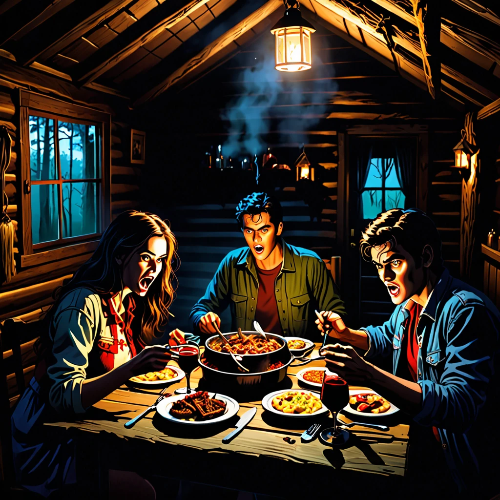 Young people in a dark cabin in the middle of a forest haunted by demons like The Evil Dead atmosphere. Eating a dinner in a table