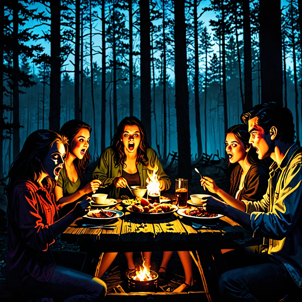 Young people in a dark cabin in the middle of a forest haunted by demons like The Evil Dead atmosphere. Eating a dinner in a table